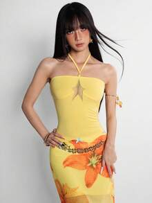 INAWLY Women's Hollow-Out Star Halter Bodysuit, Summer Night Out Club Club Night Yellow Y2k Sexy,Women's Hollow-Out Star Halter Bodysuit, Summer - Yellow - View 4