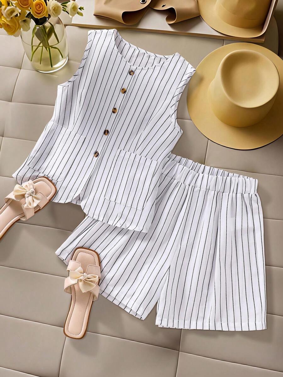 SHEIN Casual Fashion Striped Woven Fabric Vest Top And Elastic Waist Loose Shorts Set, Suitable For Teen Girls In Summer For Daily, Commuting, Outdoor, Party And Photo Shooting - White - View 1