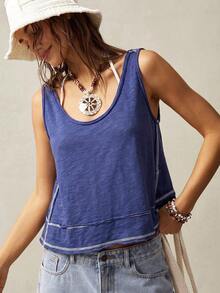 Bohemela Women's Solid Color V-Neck Asymmetrical Hem Knit Vest,Summer Top - Navy Blue - View 3