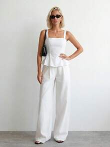 Sinnesro Women's Casual Everyday Commute Solid Color Ruffle Hem Camisole Tank Top ,Petite Women - White - View 4