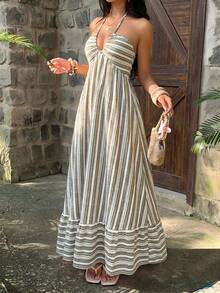 Sunnyshic Women's Strapless Halter Dress, Striped, Vacation Style, Spring/Summer - Multicolor - View 6