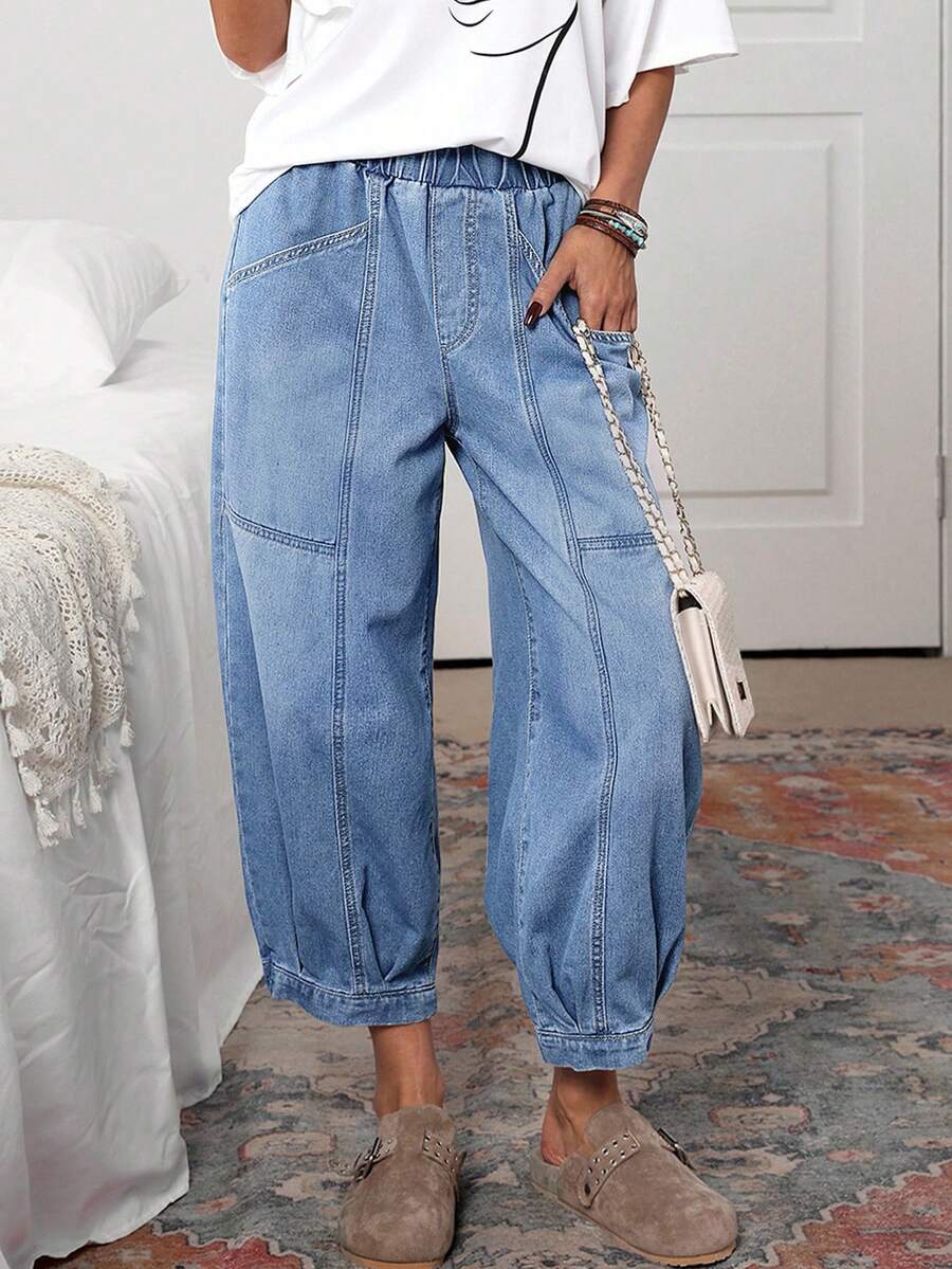 SHEIN Tall Jeans casuales versátiles con bolsillos y corte cónico para mujeres altas - Azul - Ver 1