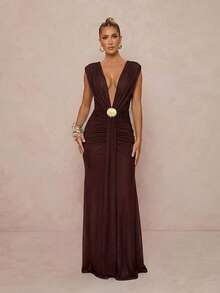 Lumalex V-Neck Mesh Soft Flowing Ribbon Waist Mermaid Hem Dress With Shell Metal Decor For Women - Coffee Brown - View 3