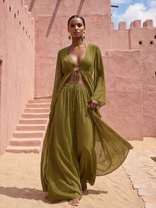 Zivah Women's Casual Beach Vacation Brown Robe Coverup & Wide Leg Pants Set, V-Neck Adjustable Waist Tie Robe Coverup & Palazzo Pants 2-Piece Set - Army Green - View 8