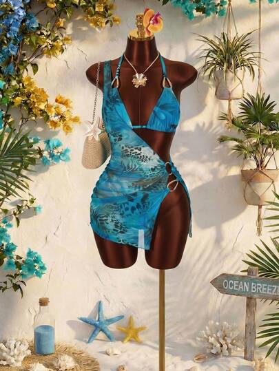 Amplova Conjunto de 3 piezas con estampado para mujer, sexy y vanguardista, adecuado para vacaciones, azul profundo vintage