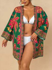 Travachic Đồ mặc resort phong cách Boho cho nữ | Áo khoác cardigan kimono họa tiết hoa nhiệt đới màu xanh đậm - Áo khoác ngoài che bãi biển dáng rộng tay rộng dài vừa - màu xanh lá - Xem 6