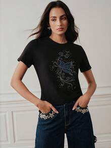 Anewsta Women's Rhinestone Floral Print Casual Versatile Daily Wear Short Sleeve T-Shirt Everyday Black Summer - Black - View 4