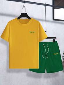 Manfinity Roughcore Men's Loose Fit Drop Shoulder Short Sleeve Casual T-Shirt & Shorts Set, Comfortable For Summer, Holiday - Multicolor - View 2