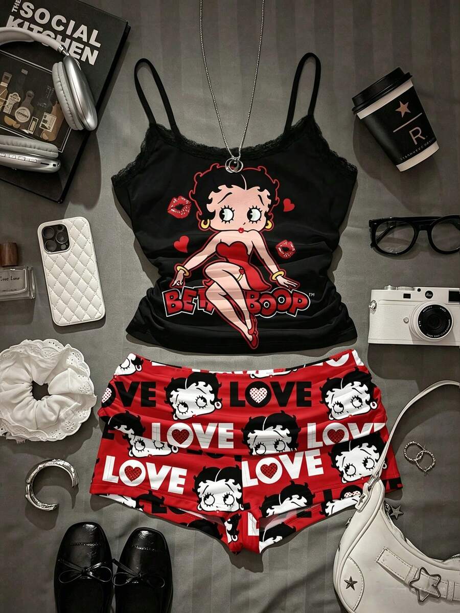 Attitoon Betty Boop x SHEIN 休闲简约日常家居服,心形蕾丝英式印花图案,蕾丝吊带背心和褶皱短裤两件套,适合夏季穿着 - 彩色 - 查看 1
