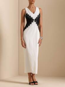 Elafinee V-Neck Sleeveless Lace Patchwork Contrast Color Waist Fitted Slit Dress For Women Party Black And White Summer Elegant Sexy - Multicolor - View 5