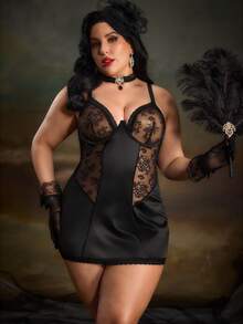 PinupPomp Gaun Kamisol Satin Patchwork Renda Gaya Istana Vintage Ukuran Besar dengan Kawat Penyangga dan Set Thong - Hitam - View 1