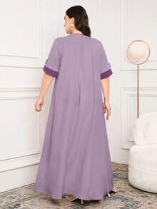 Al Najma Plus Size Women V-Neck Contrast Color Elegant Arabic Style Dress - Purple - View 2