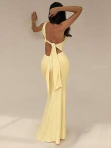 SHEIN Glamour Đầm maxi len dệt hở vai hở lưng đuôi cá gợi cảm, đầm mùa hè nữ, đầm tiệc, đầm đi biển, đầm vàng nhạt, đầm dự tiệc cưới, đầm lãng mạn, đầm mùa hè xu hướng, đầm thời trang, phong cách cô gái mùa hè Miami, đầm đi chơi, đầm hở lưng, đầm trang trọng, đầm sinh nhật, đầm bodycon vàng nhạt - Màu vàng - Xem 7