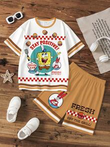SpongeBob SquarePants | SHEIN Young Boys Minimalist Print Round Neck Short Sleeve T-Shirt And Shorts Set - White - View 1