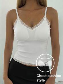 DAZY Seamless Lace Patchwork Solid Color Padded Camisole Vest, Women's Lingerie Bra - White - View 4