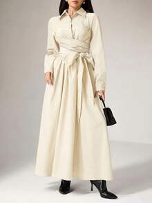 Heiryn Women's Casual Solid Color Tie-Up Long Sleeve Dress, Spring - Apricot - View 4