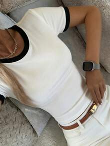 DAZY 女士撞色滚边圆领休闲短袖T恤，夏季 - 白色 - 查看 2