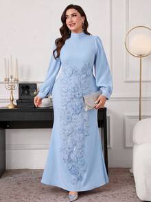 Modelyn 大尺碼女款極簡優雅收腰修身洋裝，秋季婚禮晚宴正式穿著，淺藍色 - 藍色 - 查看 1