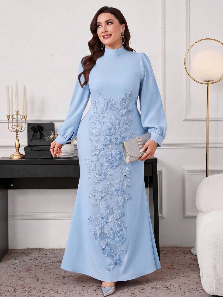 Modelyn 大尺碼女款極簡優雅收腰修身洋裝,秋季婚禮晚宴正式穿著,淺藍色 - 藍色 - 查看 1