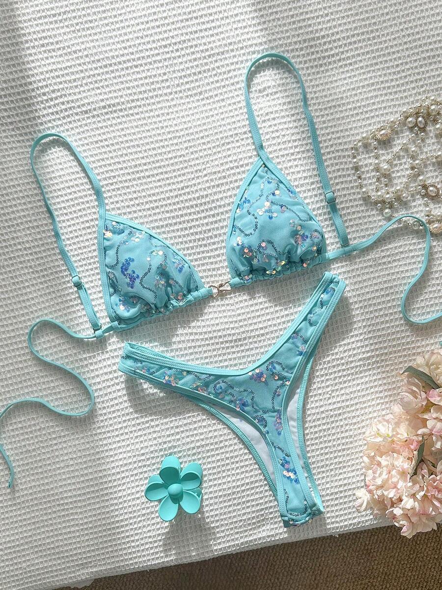 Swim Mod Springbreak 2pcs/Set Summer Vacation Random Animal Print Top And High Cut Sexy Bikini Bottoms - Mint Blue - View 1