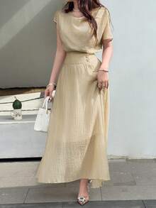 Feyla Women's Elegant Textured Waist Cinching Summer Skirt - Khaki - View 3