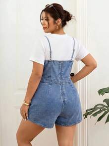 SHEIN Tall CURVE 高挑曲线加大码女式吊带牛仔裹身连体裤，休闲日常及夏季穿搭 - 中等水洗藍 - 查看 2