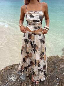 DAZY Women's Floral Print Camisole And Loose Palazzo Pants 2 Pieces Vacation Set Summer Beach Beige Breezy European - Khaki - View 2