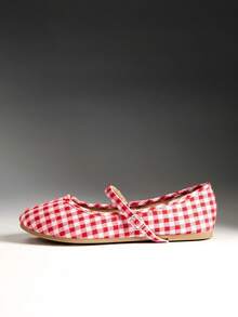Solezae Women's Fashionable Check Fabric MaryJane Flats - Red - View 6