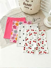 SHEIN Playful Pals 4件套女童/幼儿柔软可爱韩版简约百搭印花短裤，包含纯色、花卉、爱心、樱桃图案，轻盈弹力面料，适合春、夏、秋季日常穿着、外出及叠穿。 - 彩色 - 查看 6