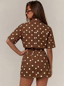 Athîral Denim Women's Casual Brown Polka Dot Print Button Pocket  Mini Denim Dress, Everyday Wear,Summer Streetwear,Going Out Dress,Back To School - Brown - View 2