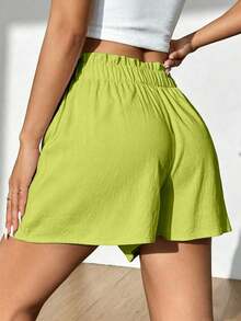 Flirla Women's Summer Casual Solid Color Ruffle Waist Shorts - Green - View 2