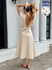 Serisse Apricot Backless Mid-Length Dress For Women - Apricot - View 5
