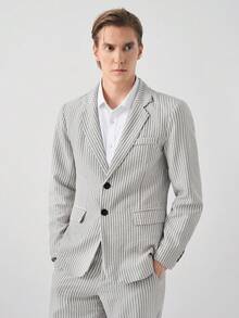 Manfinity CityGents Men's Grey Striped Textured Spring/Summer Front Button Long Sleeve Suit Jacket And Pants Set Prom Suit For Men Mans Outfit Mans Suit Elegant Outfit For Men Pin Stripe Suit Old Money,Daily Leisure, Weekend Trips, Outdoor Activities, Travel Expeditions, Relaxed Work Environments Or Semi-Formal Occasions, Boyfriend/Husband Gift, Anniversary /Birthday Gift Party Summer Vacation Holiday,Wedding,Spring To Summer,Easter,Y2k,Vintage,Hawaii - Grey - View 3