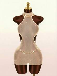 Amplova Women's One-Piece Swimsuit Cover Up, Halter Backless Mini Tight Sheer Sexy Avant-Garde For Swimwear Y2K Summer Festival Club Nightout Party Silver - Gold - View 1