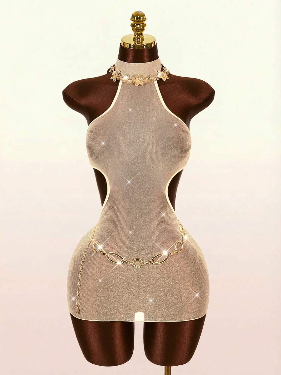 Amplova Women's One-Piece Swimsuit Cover Up, Halter Backless Mini Tight Sheer Sexy Avant-Garde For Swimwear Y2K Summer Festival Club Nightout Party Silver - Gold - View 1