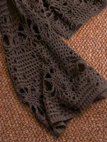 CosyJoli Plus Size Solid Color Hollow Out Knit Sweater - Brown - View 5