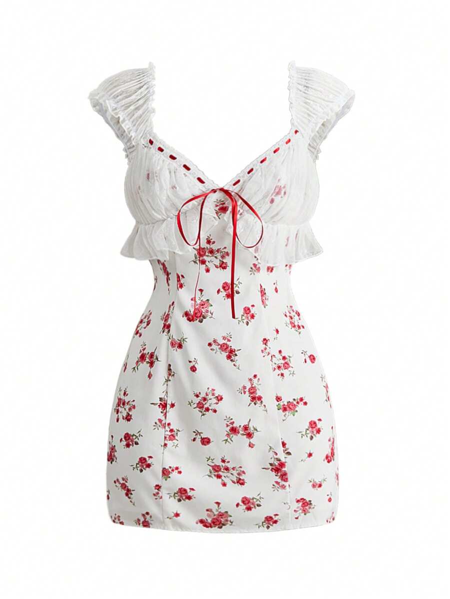 Sweetness French Romantic Vacation Palace Retro Floral Red Mini Dress For Women - Red - View 1