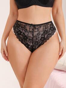 Eraneu Große Größen einfarbige Spitze durchsichtige sexy String-Höschen für Frauen - Schwarz - Übersicht 1