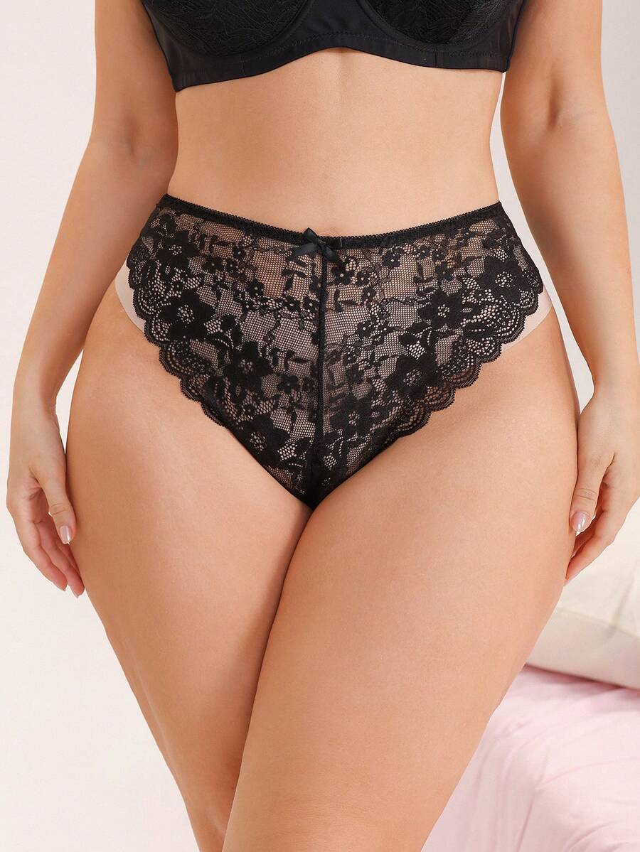 Eraneu Große Größen einfarbige Spitze durchsichtige sexy String-Höschen für Frauen - Schwarz - Übersicht 1