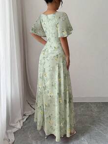 Modelyn 女士雪纺蝴蝶印花蝙蝠袖褶皱甜美法式夏季连衣裙 - 綠色 - 查看 2
