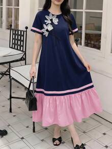 Teen Girl Floral Decor Contrast Color Ruffle Hem Short Sleeve Dress - Multicolor - View 3