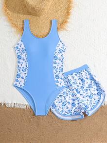 SHEIN Tween Girls One-Piece Swimsuit, 2 Pieces Set, Blue Floral & Botanical Print, Fashionable Casual Elegant Refined Sporty Lively Cute Active Water-Friendly, Suitable For Swimming, Vacation, Beach, Pool, Photo Shoot, Water Park, Spa - Blue - View 4