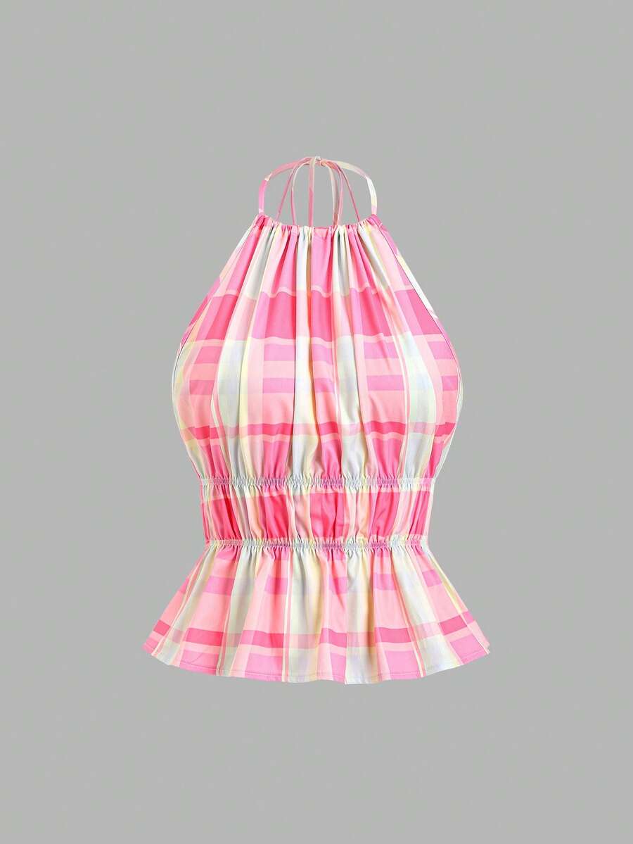 Sweetra Women's Backless Plaid Retro Cute Halter Top, Summer Vacation Hot Pink - Pink - View 1