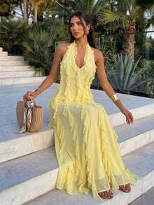 Firerie Vestido sin mangas con cuello halter, espalda descubierta y volantes de malla de color amarillo pálido sólido para mujer - Amarillo claro - Ver 1