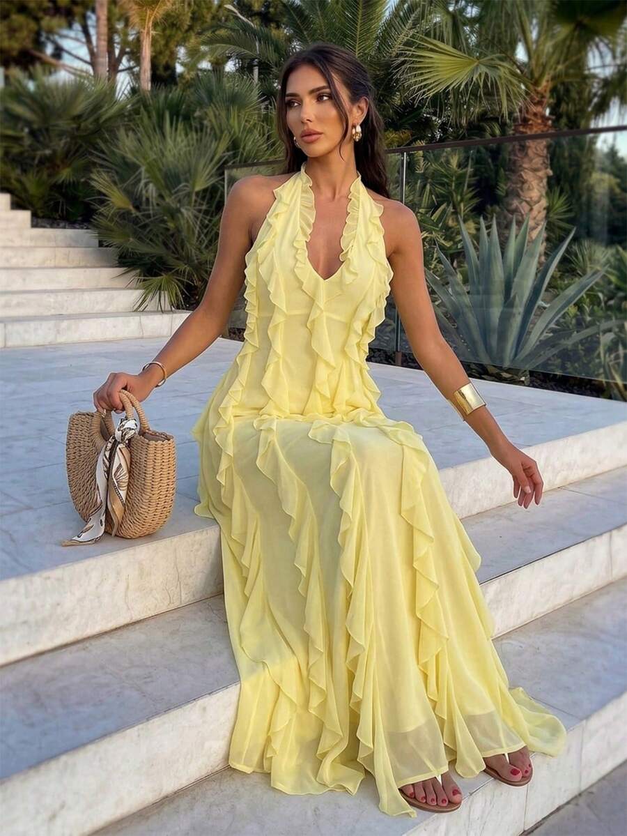 Firerie Vestido sin mangas con cuello halter, espalda descubierta y volantes de malla de color amarillo pálido sólido para mujer - Amarillo claro - Ver 1