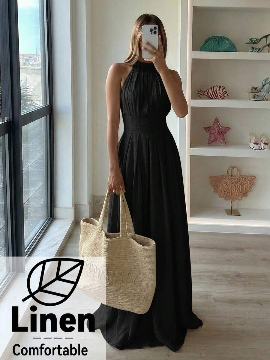 Aloruh 女款夏季洋裝,時尚百褶領優雅貼身洋裝;夏季波希米亞風貼身A字無袖洋裝;優雅女款無袖洋裝;休閒度假洋裝 - 黑色 - 查看 1