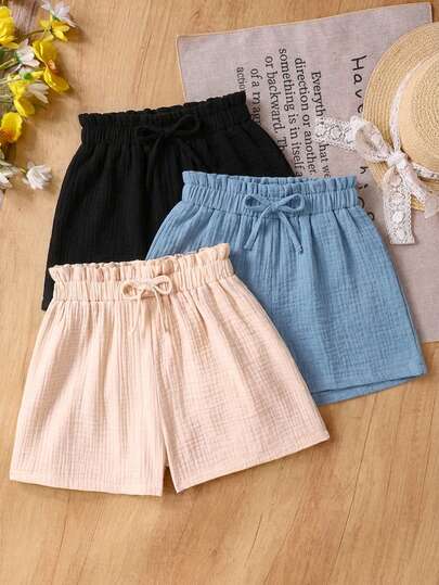 SHEIN Teen Girl TEENGirl's 3pcs Casual Summer Set: Woven Soft Dual-Layered Gauze Ruffle Shorts With Elastic Waist, Solid Color, Versatile And Breezy