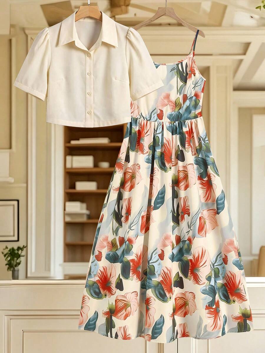 SHEIN Clasi 女士纯色单排扣短袖上衣和印花吊带连衣裙休闲日常两件套 - 彩色 - 查看 1