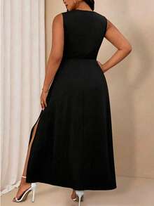 Elenzga Plus Size Women's Elegant Lace Hem Split Square Neck Dress Evening Wedding Black Summer - Black - View 2