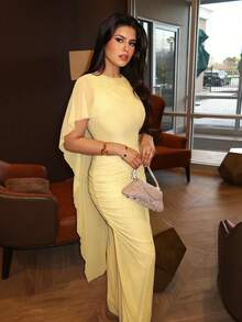 Modelyn Women's Solid Color Pleated Round Neck Elegant Dress - Light Yellow - View 1